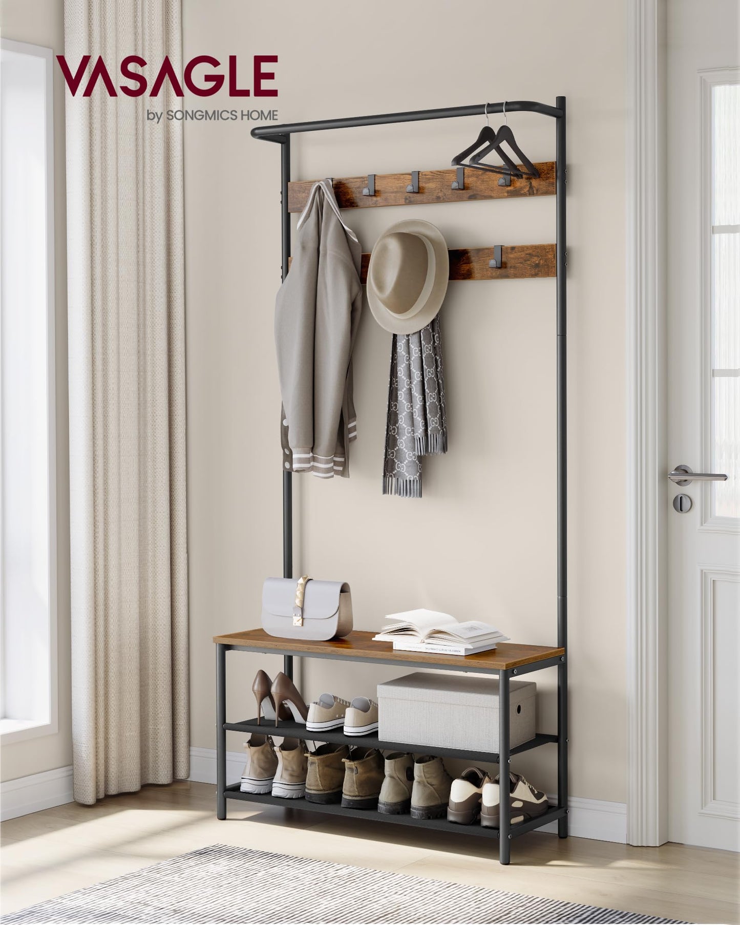 VASAGLE Hall Tree with Bench and Shoe Storage, Entryway Bench with Coat Rack Stand and Shoe Rack, 9