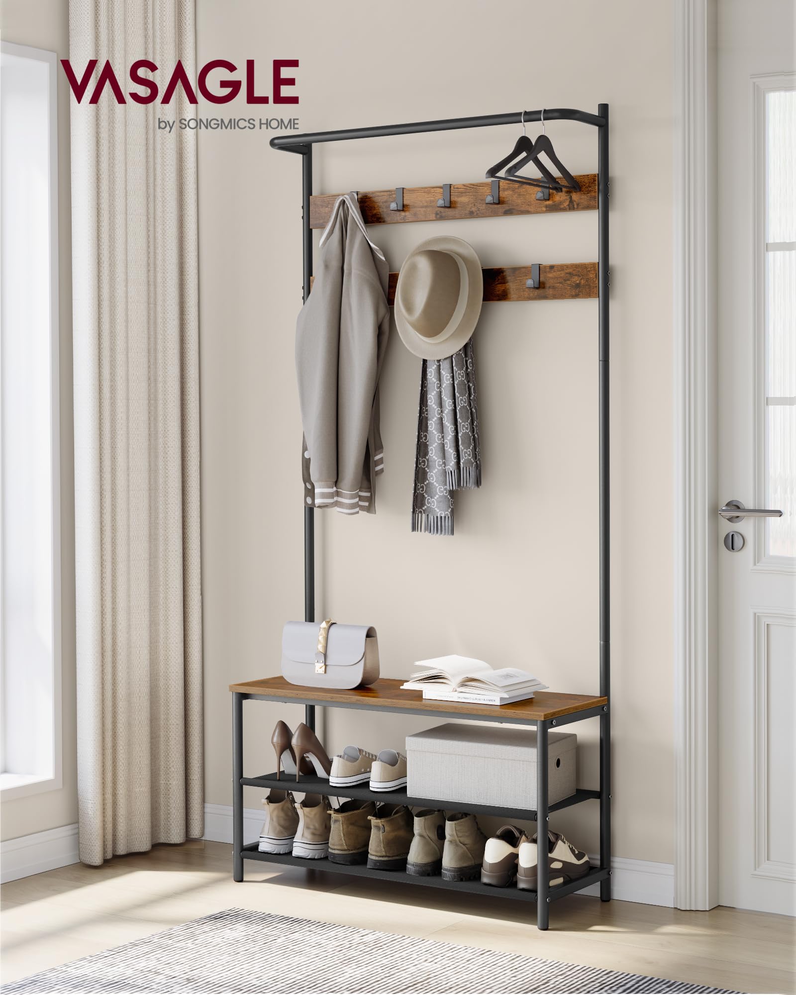 VASAGLE Hall Tree with Bench and Shoe Storage, Entryway Bench with Coat Rack Stand and Shoe Rack, 9