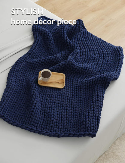 YnM Chunky Throw Blanket, Medium-Weight, Hand Knitted, Skin Friendly, Ventilated and Breathable, Machine Washable, Home Décor Piece for Couch, Sofa and Bed (Indigo Blue, 40x50 Inch)