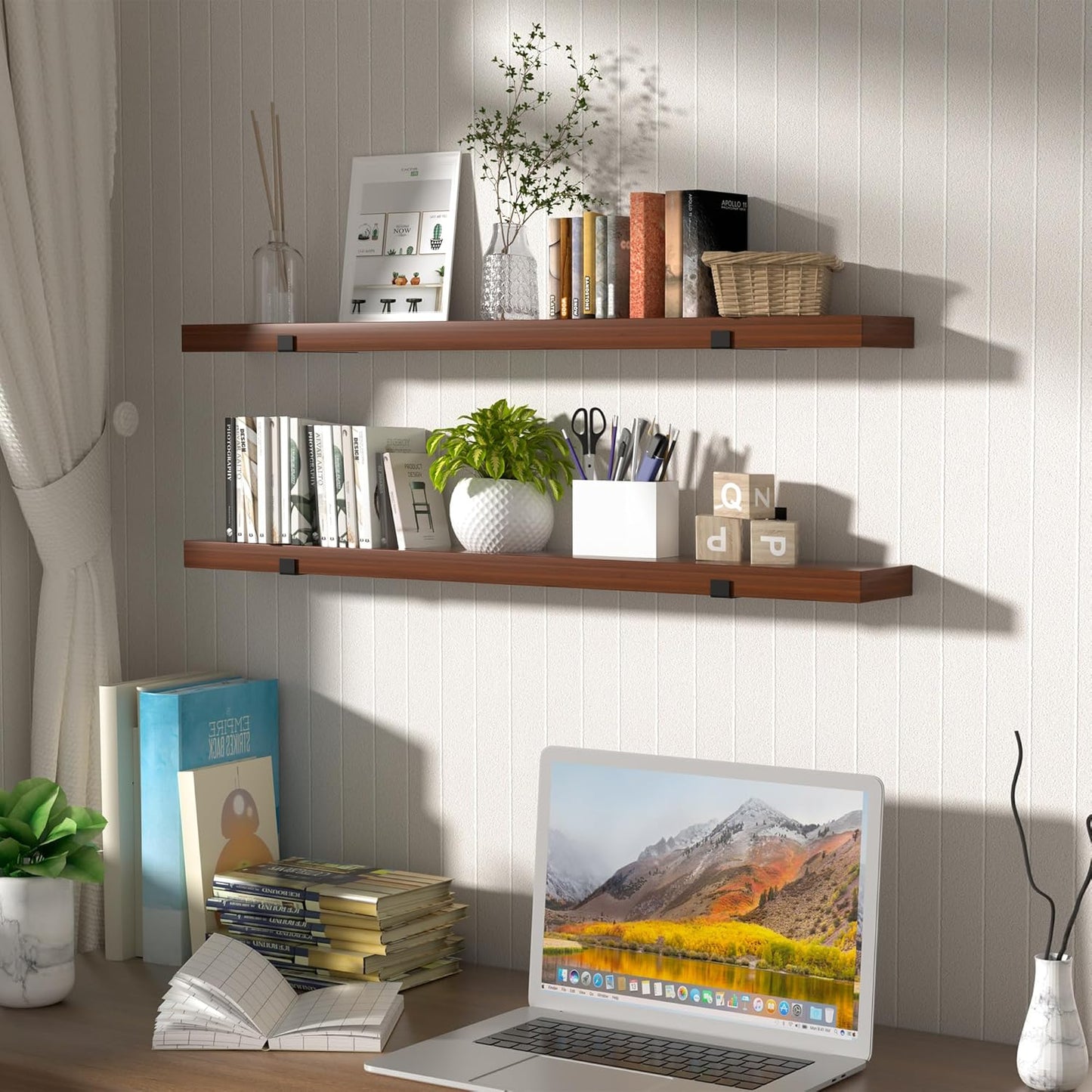 CONSDAN Floating Shelf for Wall Mounted Book Shelf Hanging Shelves Floating Bookshelf for Bedroom, Bathroom, Living Room, Kitchen USA Grown Solid Hardwood, Dark Maple 36x7.5x1.5 in