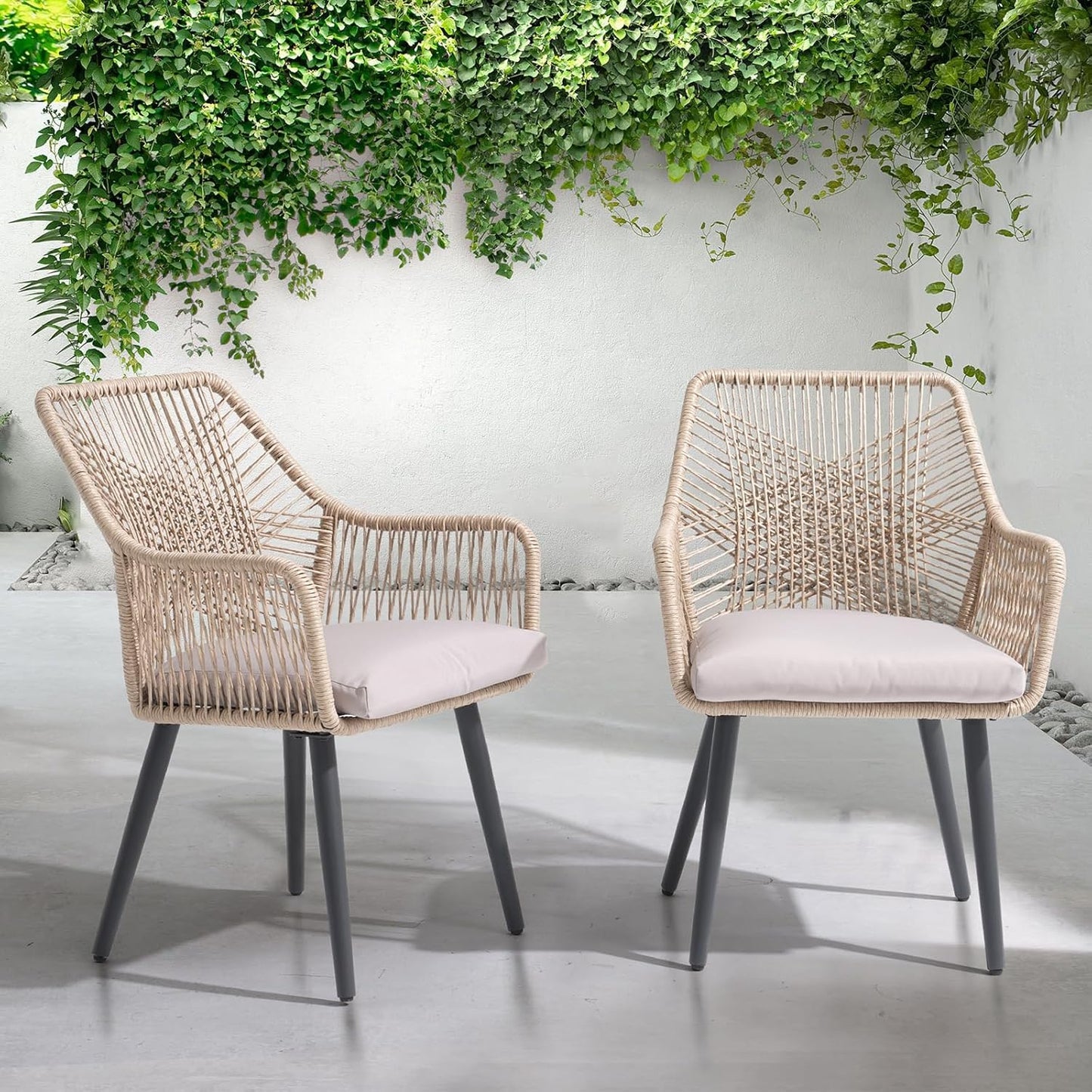 Patiorama Patio Dining Chair Set of 6, Woven Rope Outdoor Dining Chair w/Steel Frame, All-Weather Twisted Rattan Chairs w/Armrest & Cushion, Outdoor Dining Wicker Chairs for Backyard Garden(Beige)