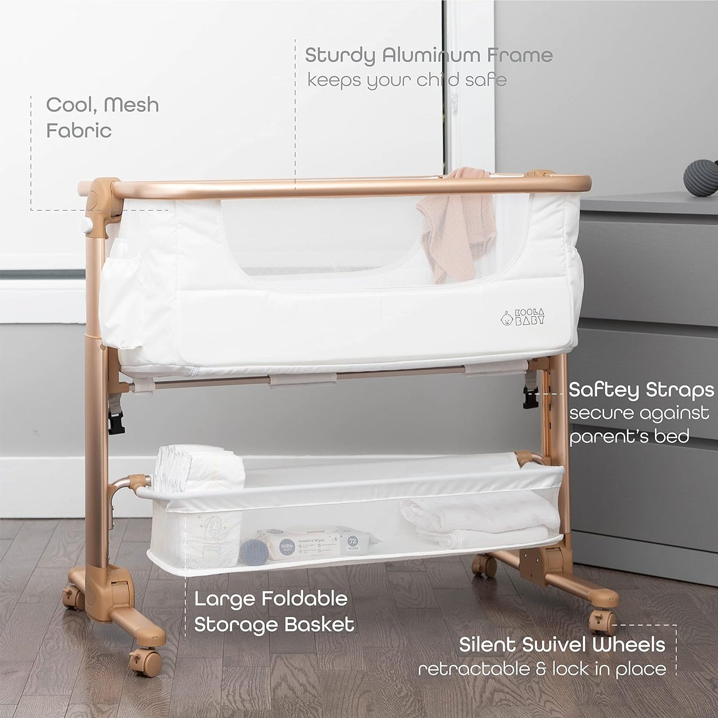 KoolerThings Baby Bassinet, Bedside Sleeper for Baby, Easy Folding Portable Crib with Storage Basket for Newborn, Bedside Bassinet, Comfy Mattress/Travel Bag Included (Bassinet) (White & Gold)