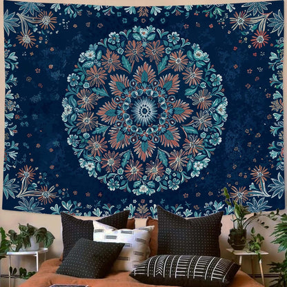 Fowocu Boho Floral Mandala Tapestry Wall Hanging Blue Bohemian Flower Medallion Tapestry Aesthetic Vintage Navy Hippie Indian Small Tapestries for Bedroom Living Room Dorm Decor 60 x 44 Inch