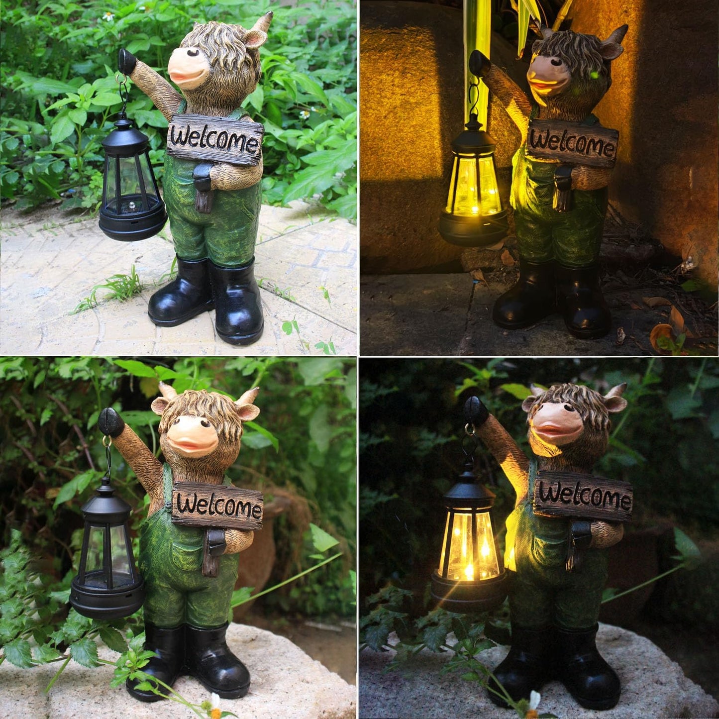 Solar Garden Decor Statues: Handmade Resin Statue with LED Light,Highland Cow Figurine Outdoor Garden Decor Unique Gifts for Women, Mom, Grandma (Green cow1)