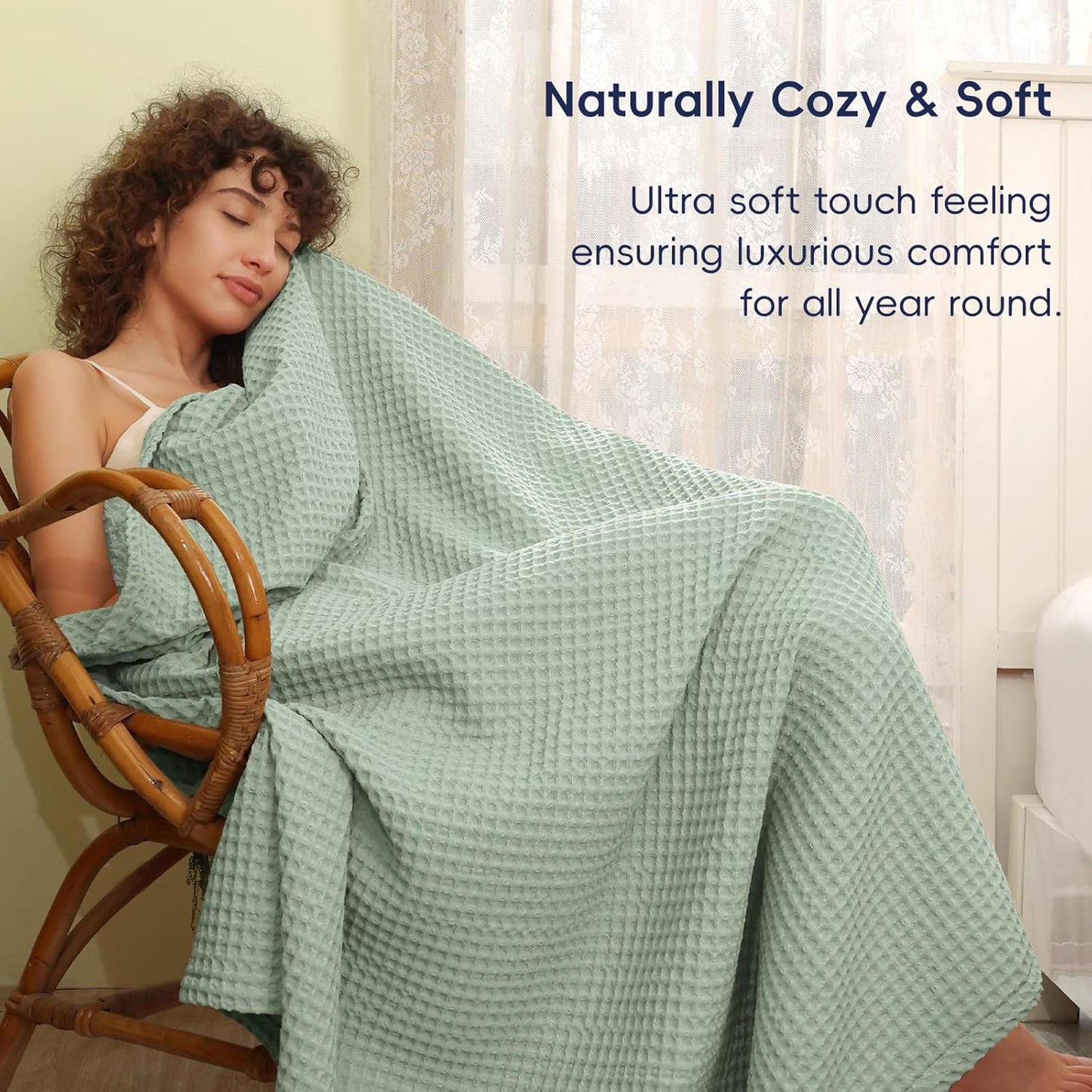 PHF Ultra Soft Waffle Weave Blanket Queen Size 90"x 90"- Washed Lightweight Breathable Cozy Woven Blanket for Bed - Aesthetic Decor for Couch Bedding Sofa Home Car - Sage Green/Mint Green