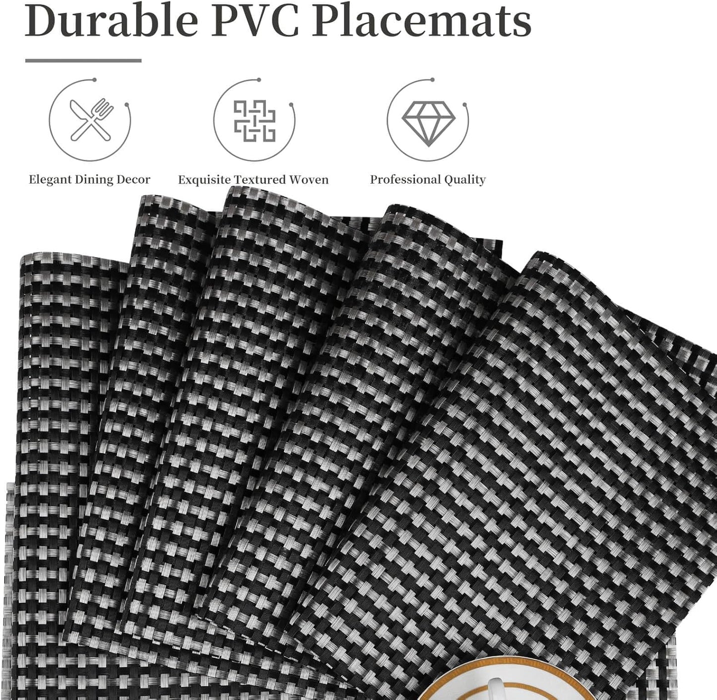 Vinyl Plastic Placemats Set of 6 Washable Heat Resistant Non-Slip Elegant Indoor Outdoor Kitchen Dining PVC Woven Table Place Mats (Black Silver Weaving)