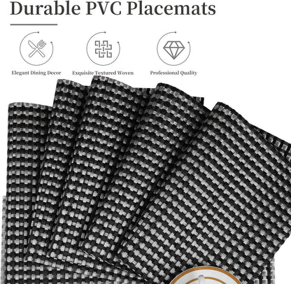 Vinyl Plastic Placemats Set of 6 Washable Heat Resistant Non-Slip Elegant Indoor Outdoor Kitchen Dining PVC Woven Table Place Mats (Black Silver Weaving)