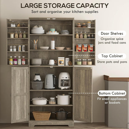 HOMCOM 72" Farmhouse Kitchen Pantry Cabinet, Freestanding Tall Storage Cabinet with 4 Barn Doors, 4 Adjustable Shelves and 8 Door Shelves, Gray Wash