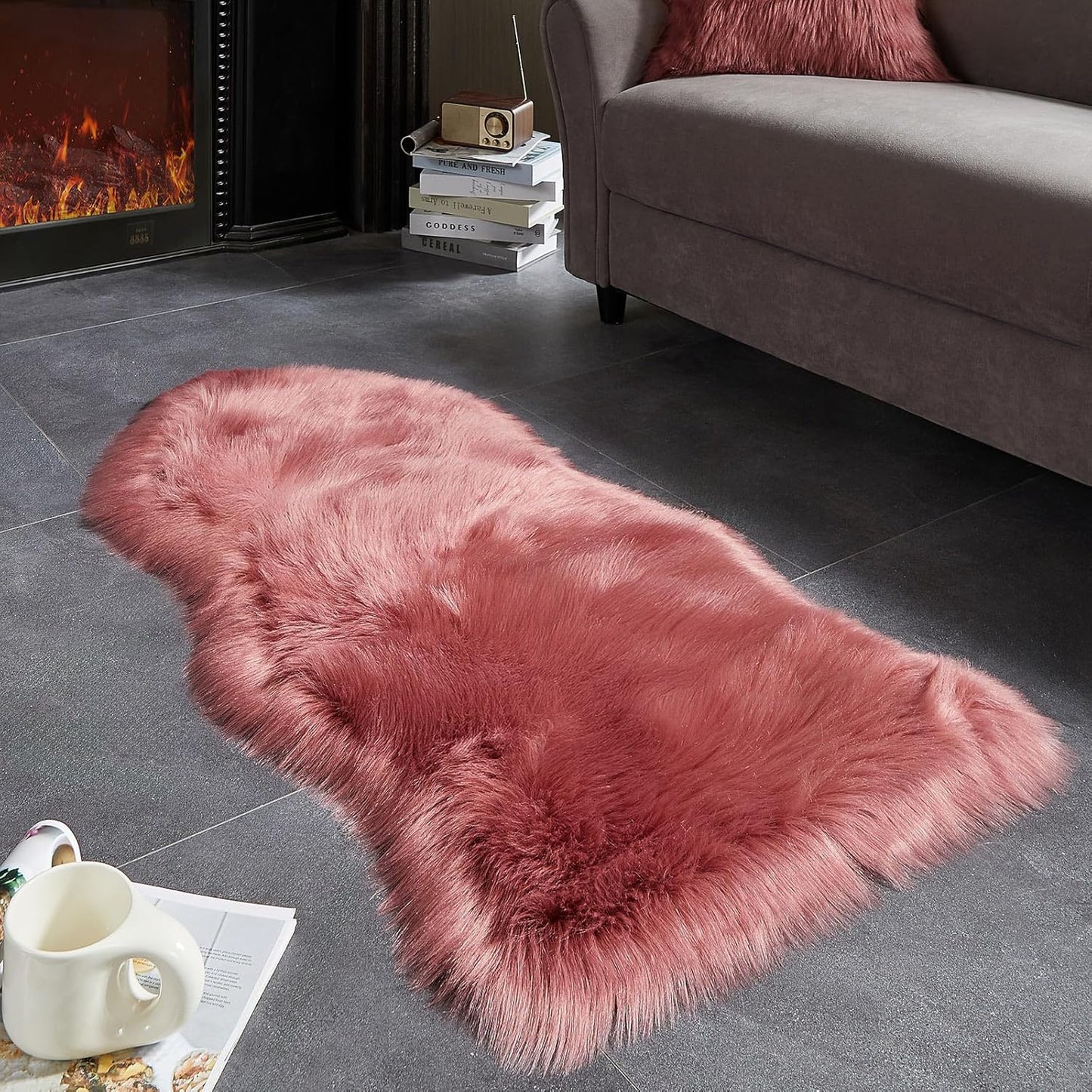 AMTOVO Faux Fur Rug, Blush Pink Area Rug, Fluffy Sheepskin Rug, Fuzzy Ultra Soft 2 x 4 ft Shag Rugs for Bedroom Sofa Throw Cushion Room Decor, Sheepskin