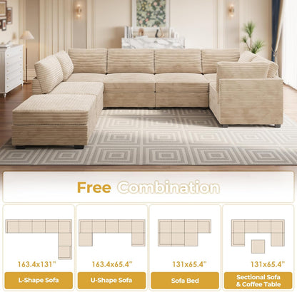 HOOOWOOO Modular Sectional Sofa,7 Pieces Sectional Couches for Living Room,131X66 U Shaped Cloud Couch with Ottoman Chaise Set(Beige Velvet Corduroy)