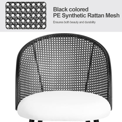 Rattan Dining Chairs Set of 2, Faux Leather Upholstered Dining Chairs with Black Cane Back, Mid-Century Modern Farmhouse Armless Accent Chairs for Kitchen Dining Room, Restaurant,White