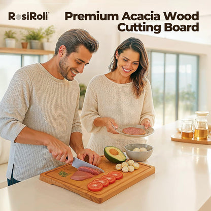 Acacia Wood Cutting Board for Kitchen - 1 inch Thick FSC Certified Wood Charcuterie Cheese Board with Side Handles and Juice Grooves, Wooden Chopping Block for Meat and Veggies, 17x12 inch