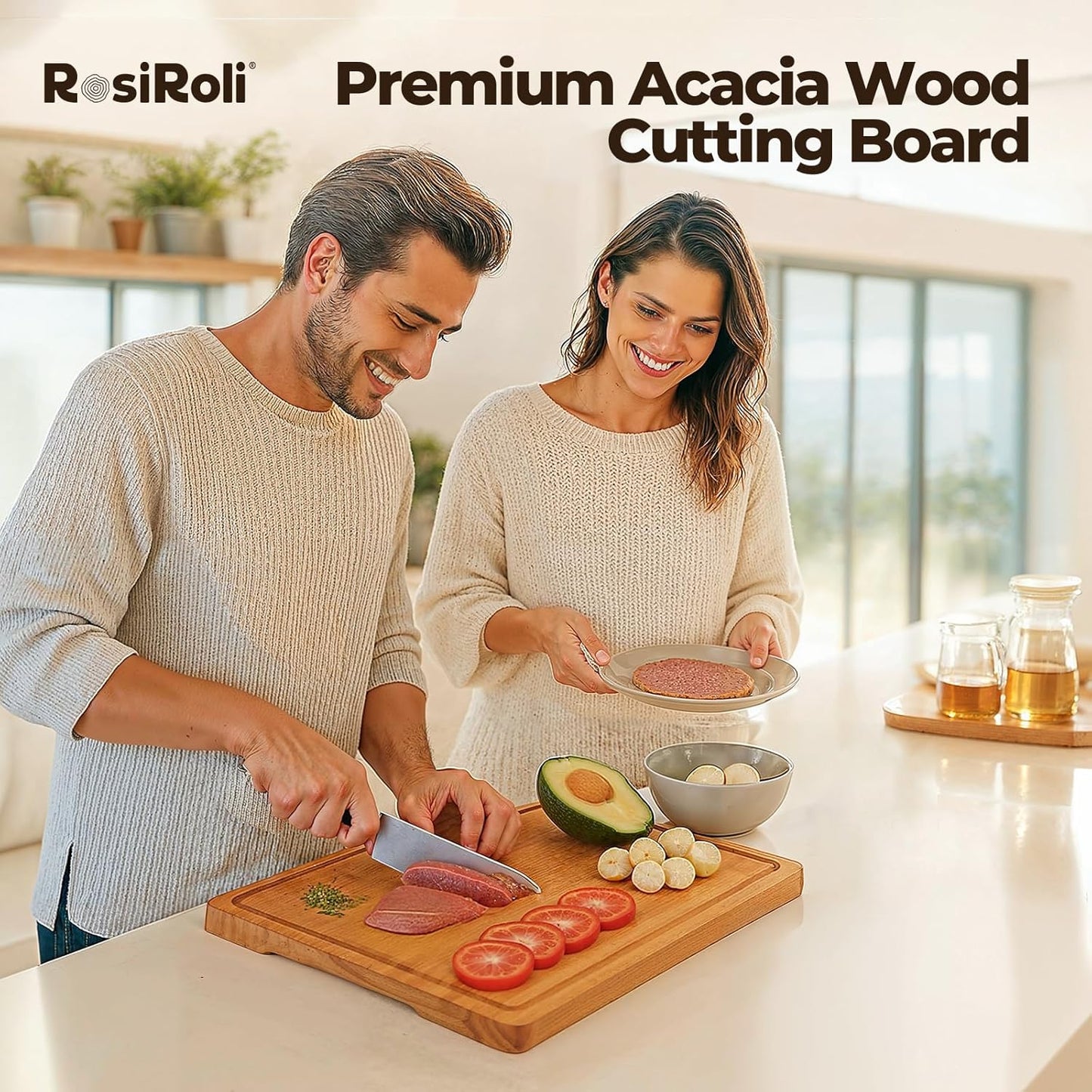 Acacia Wood Cutting Board for Kitchen, 3 Set with Holder - FSC Certified Large Wood Charcuterie Cheese Board with Handles and Juice Grooves, Wooden Chopping Block, Ideal Gift Set of 3 (S/M/L)