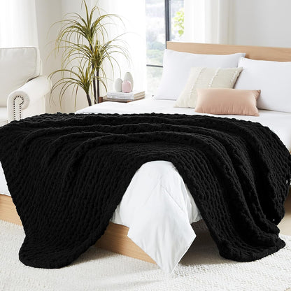 L'AGRATY Chunky Knit Blanket Throw: 72''x84'' Chenille Chunky Knitted Throw Blanket for Bed Couch - Handmade Thick Big Cable Knit Blanket - Large Chunky Crochet Rope Blanket for Home Decor(Black)