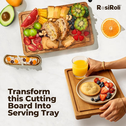 Acacia Wood Cutting Board for Kitchen - 0.8 inch Thick Wood Charcuterie Cheese Board with Side Handles and Juice Grooves, Wooden Chopping Block for Meat and Veggies, 13x10 inch