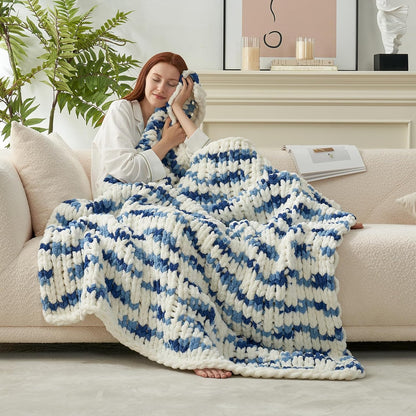 Amélie Home Chunky Knit Throw Blanket for Couch, Soft Chenille Crochet Blanket for Sofa, 50"x60", Space-Dyed Blue Striped