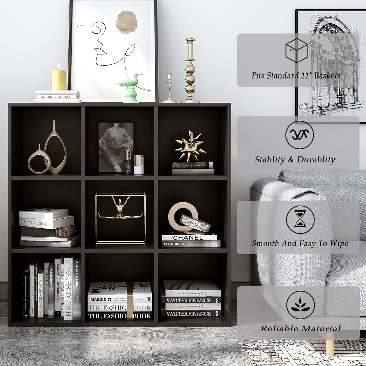 9-Cube Storage Shelf Bookcase - Wooden 3-Tier Free Standing Open Bookshelf for Home and Office, Organizer Cabinet in Black