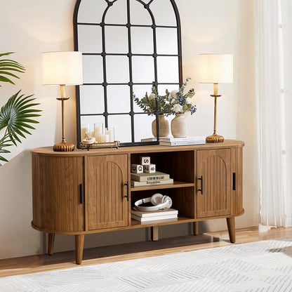 51" Fluted TV Stand, Mid-Century Modern Entertainment Center for Tvs up to 60" with Drawers and Fluted Doors, Curved TV Media Console Table with Sliding Doors for Living Room, Bedroom (51")
