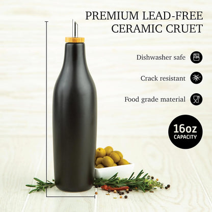 Black Ceramic Olive Oil Dispenser Bottle 16 Oz Container for EVOO or Vinegar, Kitchen Counter Design