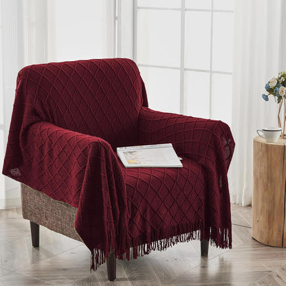 inhand Knitted Throw Blankets for Couch and Bed, Soft Cozy Knit Blanket with Tassel, Claret Lightweight Decorative Blankets and Throws, Farmhouse Warm Woven Blanket for Men and Women, 60"x80"