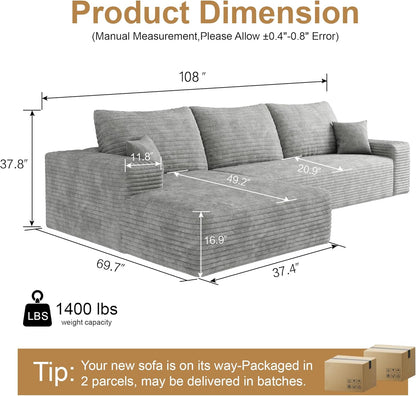 108" Sectional Couches for Living Room Modern Modular Sofa with L-Shape Couchs Upholstered Boneless Couch Deep Seat Sectional Couch with Chaise (Grey, Left Facing Chaise+2Seaters)