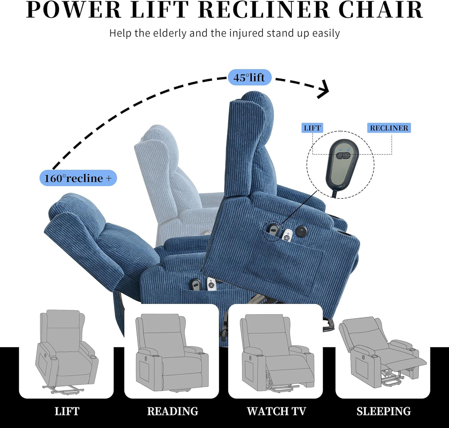 Lift Recliner Chair for Adults with Massage and Heating, Power Lift Recliner Chairs for Elderly, Corduroy Fabric Reclining Chair with USB &Type-C Port, Cup Holders, L6111 (Blue)