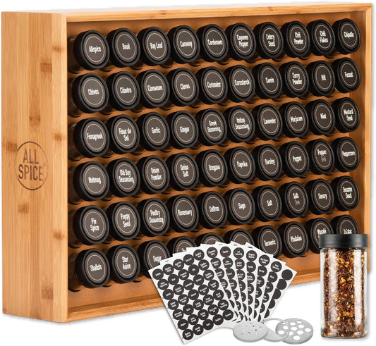 AllSpice Spice Rack Organizer, Wood, 525 Unique Labels, Countertop or Wall Mount, Includes 60 4oz Jars- Bamboo