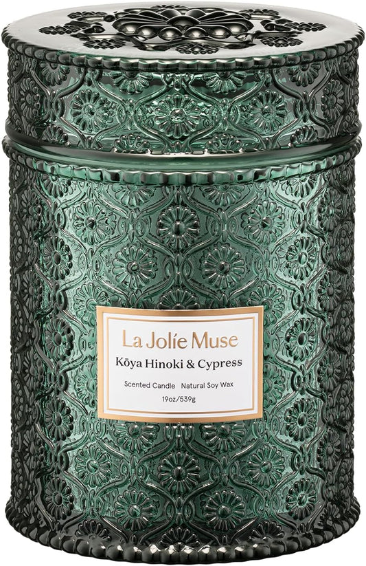 LA JOLIE MUSE Kōya Hinoki & Cypress Scented Candle – Pine, Leather & Hinoki | 19 oz Festive
