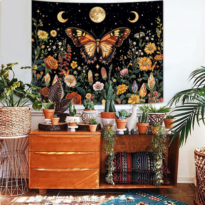 Lunerfex Boho Butterfly Tapestry Flower Moon Wall Tapestry, Moon Phases Tapestries for Bedroom Cute Tapestries Wall Hanging for Bedroom Living Room Decor Butterfly-2 60"x80"