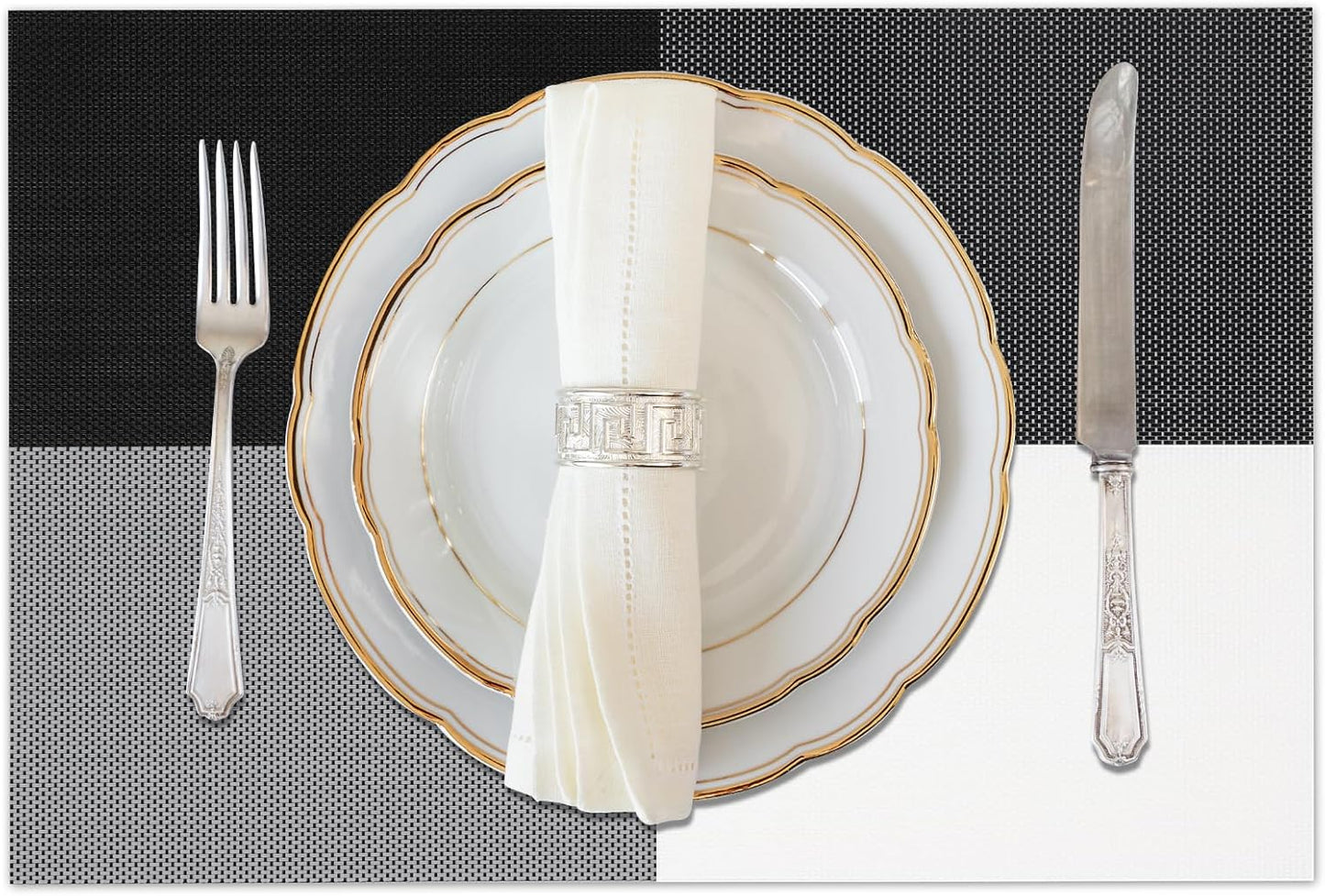 Vinyl Plastic Placemats Set of 4 Washable Heat Resistant Non-Slip Elegant Indoor Outdoor Kitchen Dining PVC Woven Table Place Mats (Black White Lattice Block)