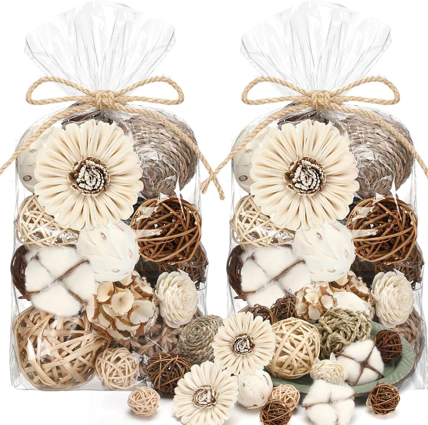 Riceshoot 2 Pack Decorative Balls Potpourri Bowl Filler Decor Natural Vase Bowl Filler Assorted Spherical Rattan Twigs Wicker Balls Cotton for Home Centerpiece(Brown)