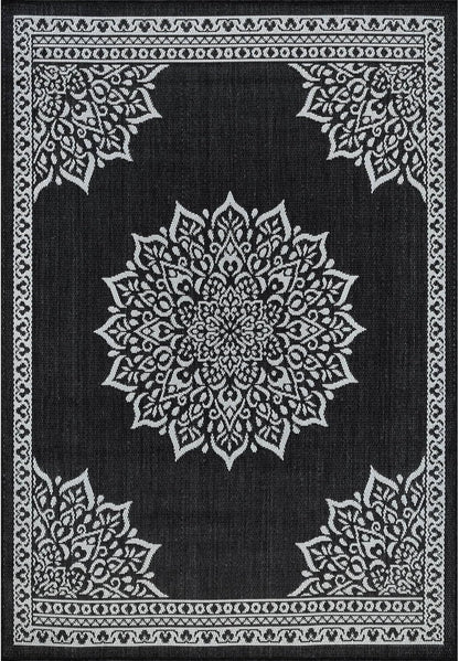 CAMILSON Outdoor Rug, 5x7 Medallion Black White Modern Area Rugs for Indoor and Outdoor Patios, Kitchen and Hallway Mats, Washable Porch Deck Outside Carpet (Medallion Black, 5 x 7)