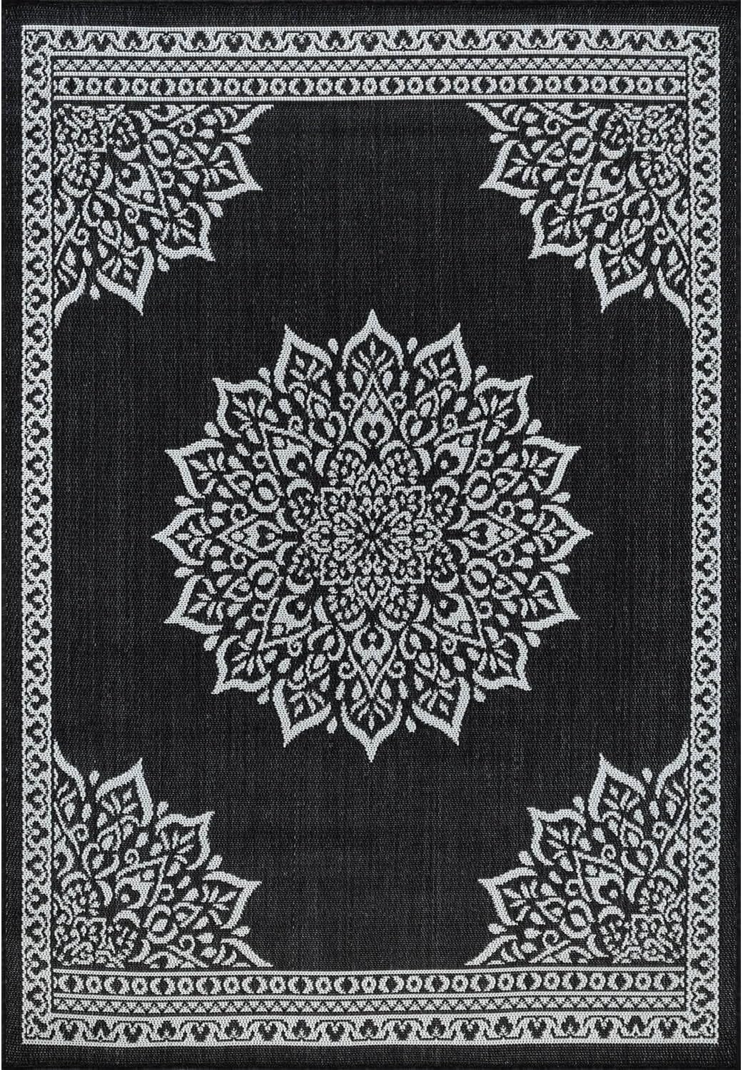 CAMILSON Indoor Outdoor Rug, 10x14 Medallion Black White Modern Area Rugs for Large Indoor and Outdoor Patios, Kitchen and Hallway Mats, Washable Porch Deck Outside Carpet (Medallion Black, 10 x 14)