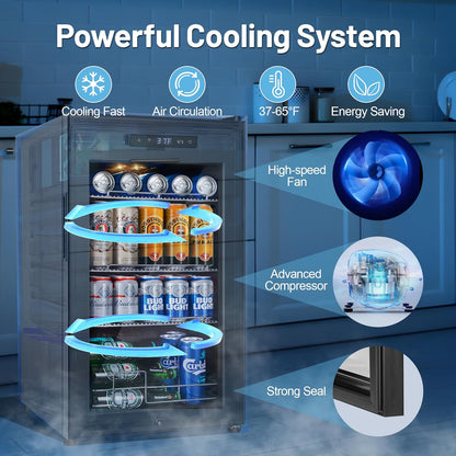 Beverage Refrigerator Cooler, 17 Inch 120 Cans Freestanding Mini Fridge with Glass Door, Adjustable Shelves and LED Light, Small Drink Fridge Counter-top Beer Fridge for Bedroom Office Bar