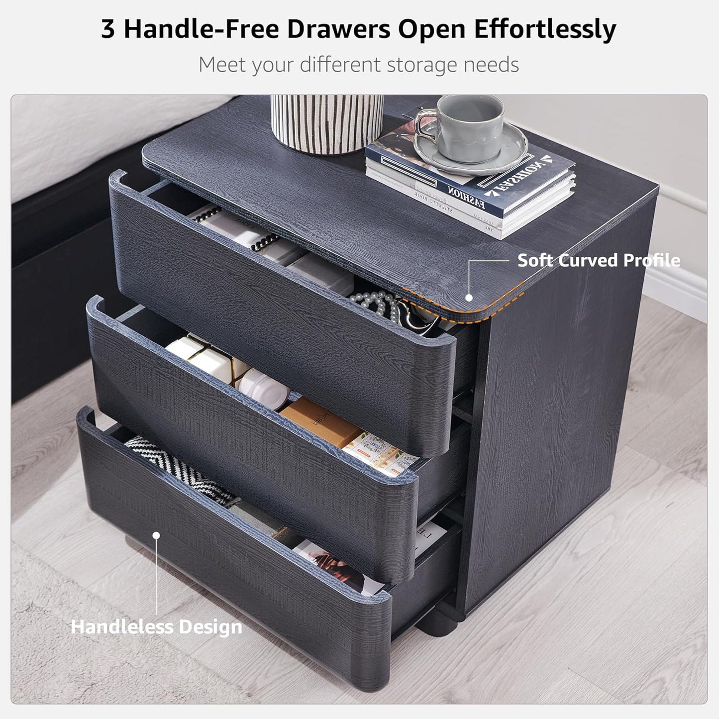 JXQTLINGMU 22" Modern Nightstand with Charging Station, Large Push-to-Open End Table, Wood Bedside Table w/Curved Profile Design, Handleless 3 Drawer Night Stand for Bedroom, Living Room, Black