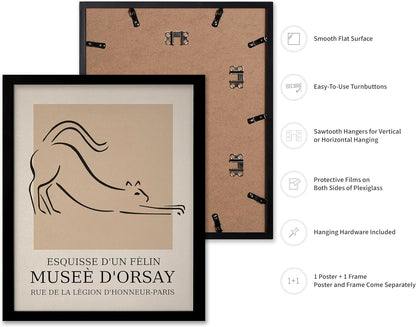 Poster Master Vintage Poster - Retro Minimalist Print - Gift for Artist, Housewarming - Cat, Line Drawing, Sketch, Abstract - Wall Decor for Living Room, Bedroom, 11x14 Black Framed