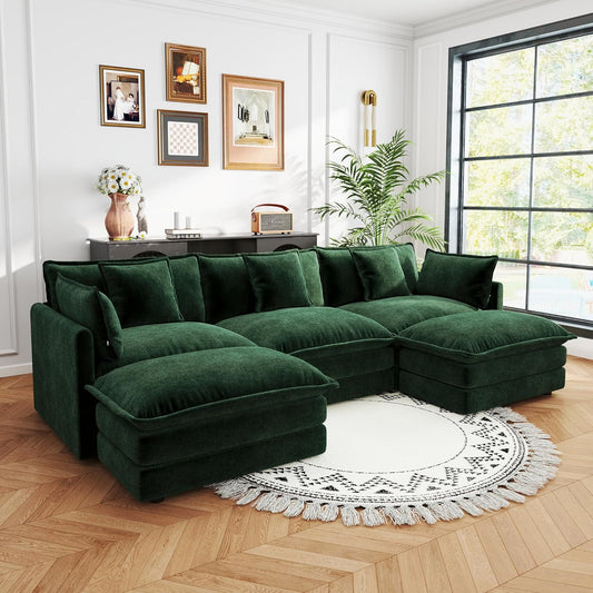 Sectional Sofa 3 Seater with Movable 2 Ottomans,Oversized Modular Couch Deep Seat (Green, 111.5