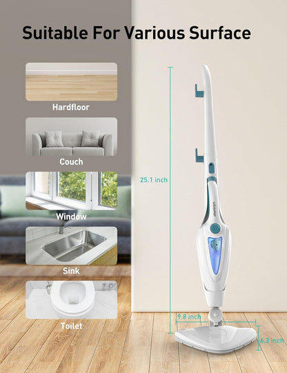 12-in-1 Steam Mop, Fast 15-Sec Heat-Up, 1500W Detachable Handheld Steam Cleaner with 2 Dirt Grip Pads, Removes 99.99% Stubborn Stains for Hardwood Floors, Windows, Tiles, Furniture, Pearl Teal