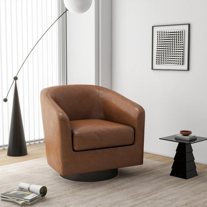 Swivel Barrel Accent Chair, Modern Round Faux Leather Arm Chair for Living Room, Bedroom, Comfy Club Reading Chairs for Adults, Faux Leather Brown, Set of 2