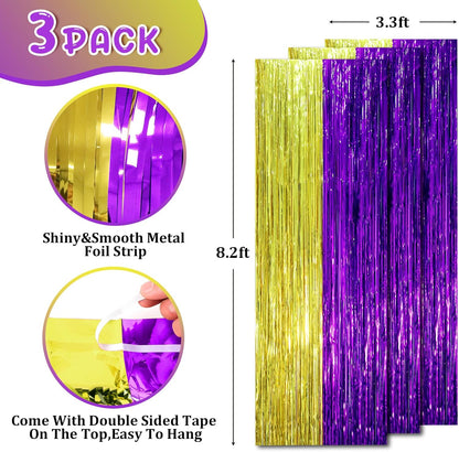 3 Pack 3.3 x 8.2 ft Purple and Gold Foil Fringe Backdrop Curtains, Tinsel Streamers Party Decorations, Fringe Backdrop, Door Shimmer for Graduation or Birthday Party