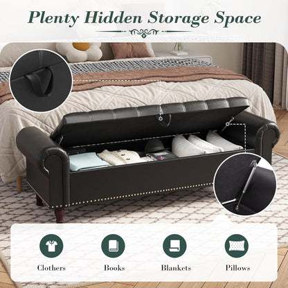 Apicizon 60”Storage Benches, Queen Size Faux Leather Bed Bench with Tufted Button, Upholstered Bench with Rolled Arm and Vintage Rivets for Foot of Bed, Living Room, Entrance，Black