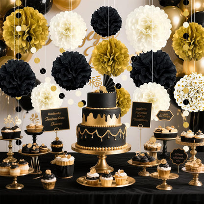 Black and Gold Party Decorations, 16 PCS Tissue Paper Pom Poms Dots Paper Garland Kit for New Year Party, Graduation, Wedding, Birthday, Engagement, Baby Shower, Retirement Party Decor