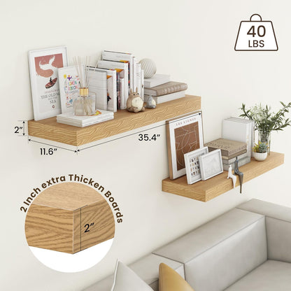 Deep Floating Shelves for Wall, 35.4W x 11.6D Rustic Large Wall Shelves Set of 2, 11.6 Inch Deep Oak Shelves 35.4 Inches Long, Bookshelf Laundry Shelf TV Shelf