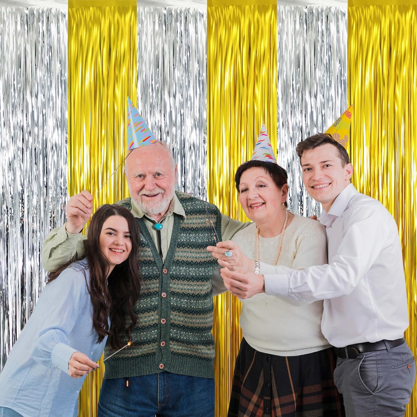 GOER 3.2 ft x 8.2 ft Metallic Tinsel Foil Fringe Curtains Party Backdrop Party Streamers for Birthday,Graduation,New Year Eve Decorations Wedding Decor (4 Pcs,Gold&Silver)