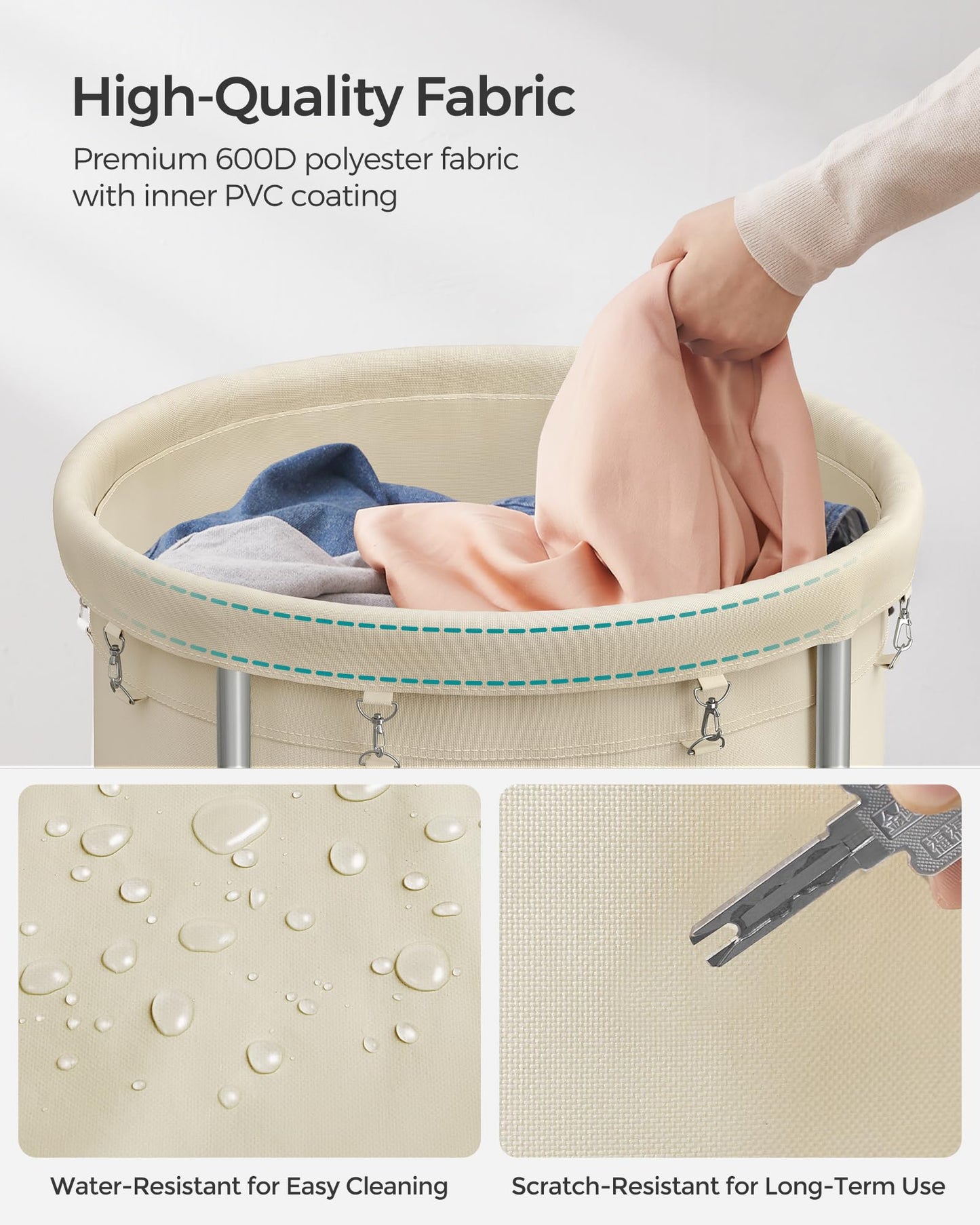SONGMICS Laundry Basket, Rolling Steel Frame with 2 Locking Wheels, 190 L