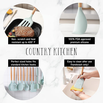 Country Kitchen Non Stick Silicone Utensil Set with Rounded Wood Handles for Cooking and Baking, 38 Piece Set, Mint