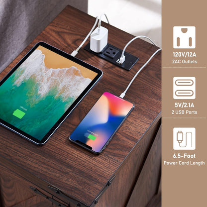 JXQTLINGMU Farmhouse Nightstand Set of 2 with Charging Station, 17" D Rectangular End Table with Barn Door & Adjustable Storage Shelf, Wood Rustic Sofa Side Table for Living Room, Bedroom, Brown