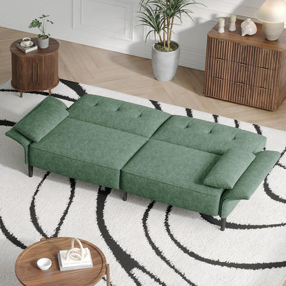 89” Futon Sofa Bed, Comfy Futon Couch Bed with 2 Square Pillows, Convertible Sleeper Sofa with Adjustable Backrest& Armrests, Modern Loveseat Sleeper for Living Room, Bedroom,Light Green