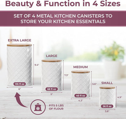 Pebble & Stem® White Metal Canister Set for the Kitchen Counter, Food Canister Set of 4, Airtight Lids, Sugar and Flour Containers for Countertops, Coffee and Tea Storage, Farmhouse Decor