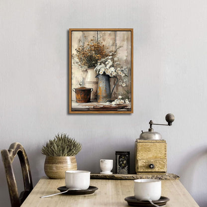 Floating Framed Farmhouse Vintage Canvas Wall Art, Country Floral Daisy Pictures Wall Decor, Wood Grain Art Paintings Poster for Living Room Bedroom Bathroom Rustic Decor 12x16 inch